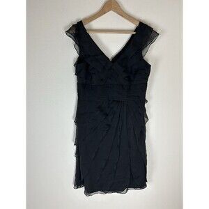 Vintage 12P Cocktail Dress Black Whimsigoth Ruffle Layered Tiered Black Silky